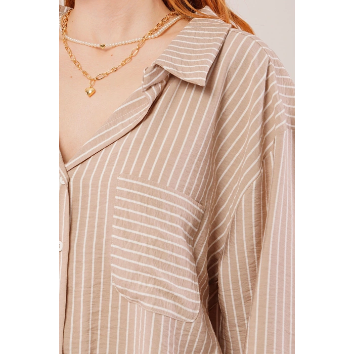 Çizgi Detaylı Cepli Camel Gömlek