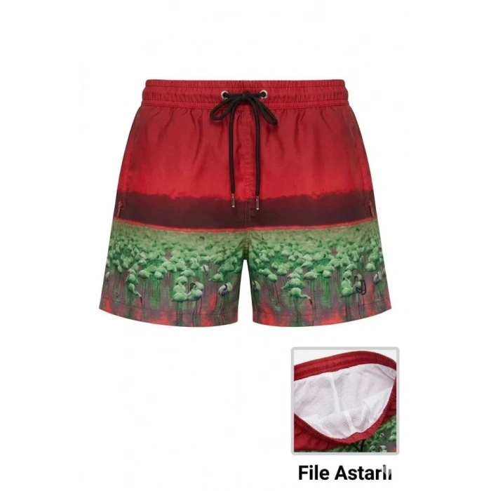 Deniz Şortu Fermuarlı Cepli File Astarlı Hızlı Kuruyan Premium - Kırmızı