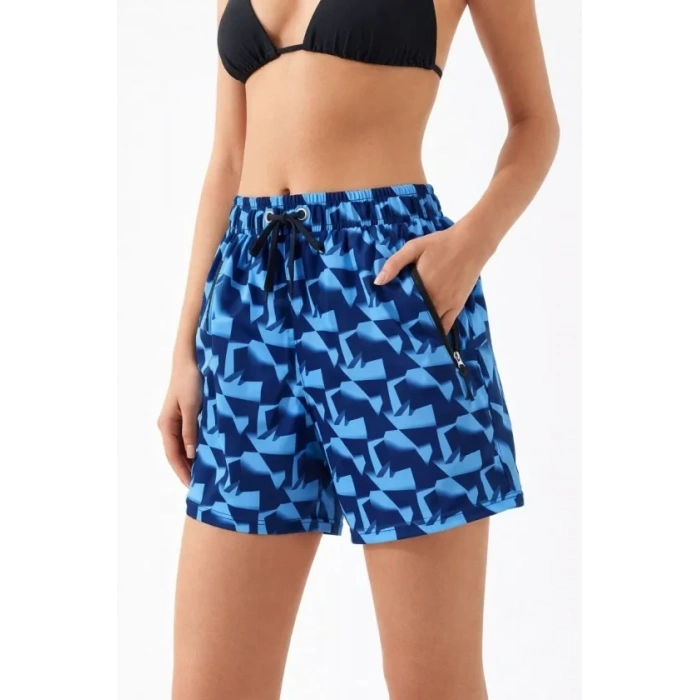 Deniz Şortu Fermuarlı Cepli File Astarlı Hızlı Kuruyan Premium - Mavi