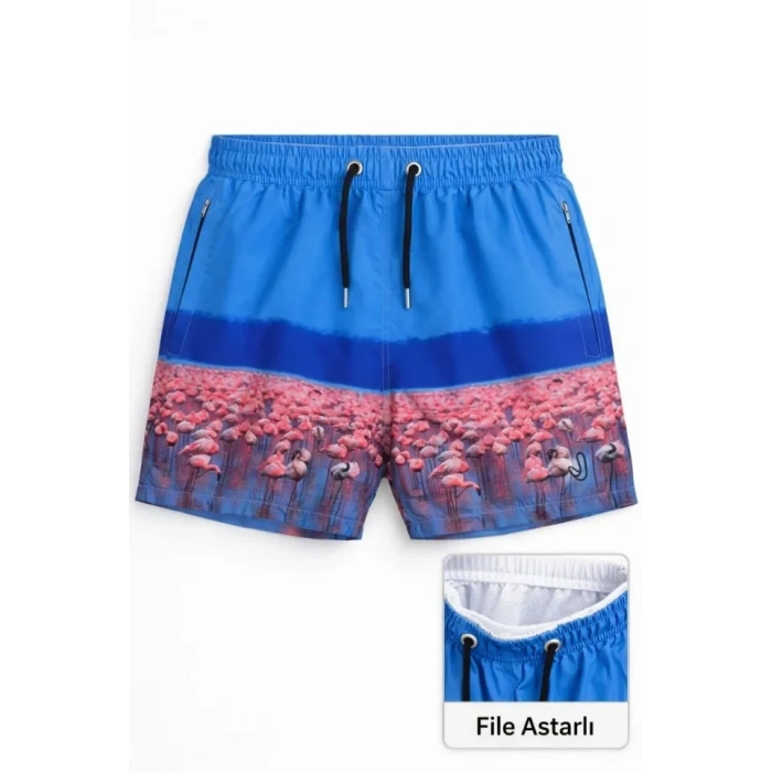 Deniz Şortu Fermuarlı Cepli File Astarlı Hızlı Kuruyan Premium - Mavi