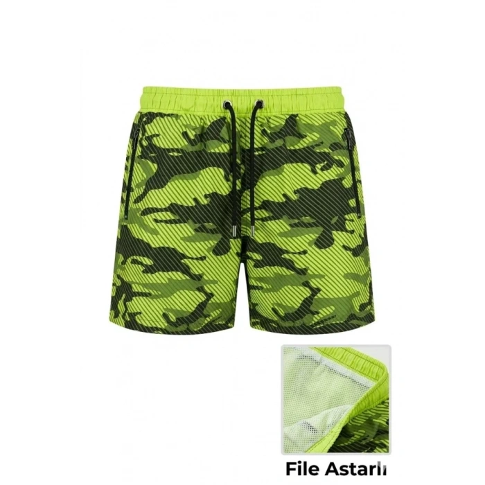 Deniz Şortu Fermuarlı Cepli File Astarlı Hızlı Kuruyan Premium - Neon Yeşili