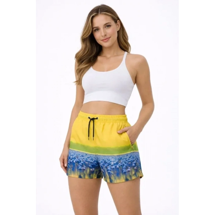 Deniz Şortu Fermuarlı Cepli File Astarlı Hızlı Kuruyan Premium - Sarı