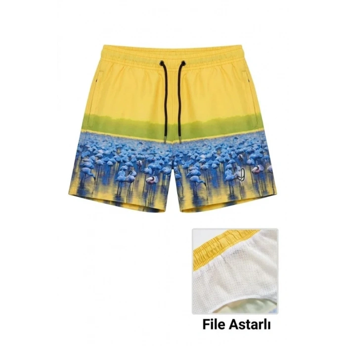 Deniz Şortu Fermuarlı Cepli File Astarlı Hızlı Kuruyan Premium - Sarı