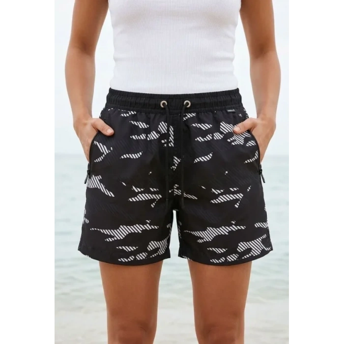 Deniz Şortu Fermuarlı Cepli File Astarlı Hızlı Kuruyan Premium - Siyah