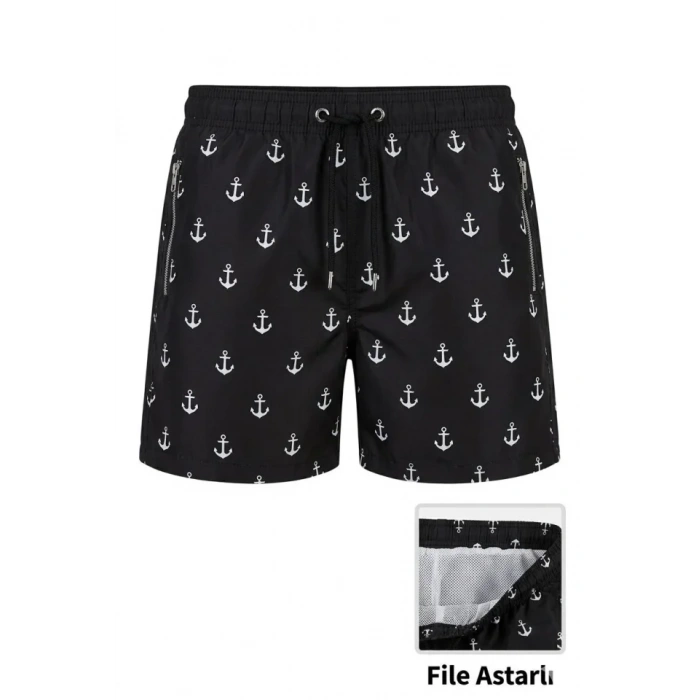 Deniz Şortu Fermuarlı Cepli File Astarlı Hızlı Kuruyan Premium - Siyah