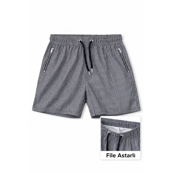 Deniz Şortu Fermuarlı Cepli File Astarlı Hızlı Kuruyan Premium - Siyah