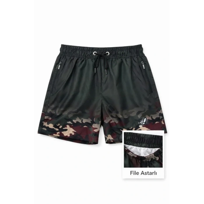 Deniz Şortu Fermuarlı Cepli File Astarlı Hızlı Kuruyan Premium - Siyah