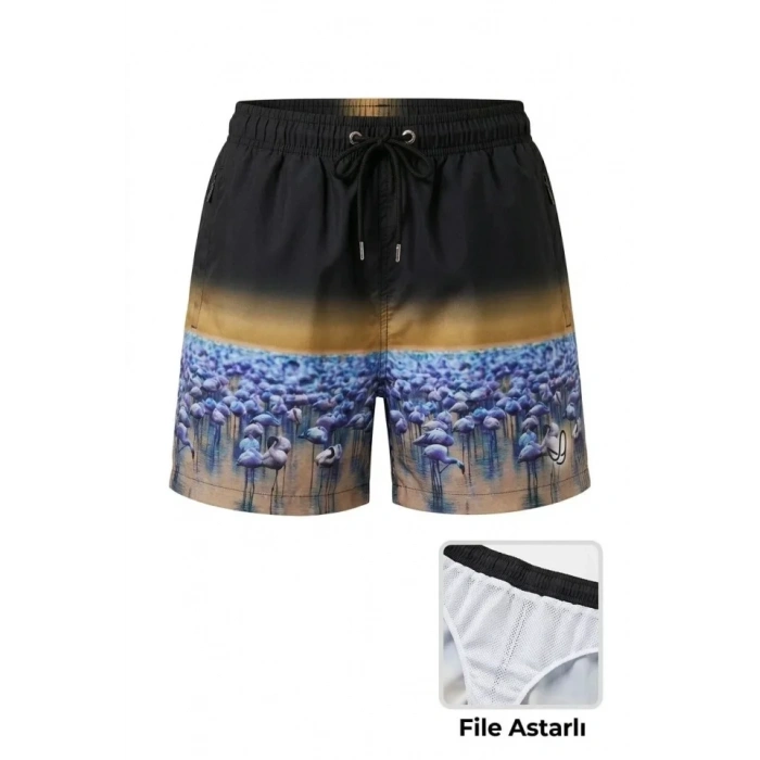 Deniz Şortu Fermuarlı Cepli File Astarlı Hızlı Kuruyan Premium - Siyah