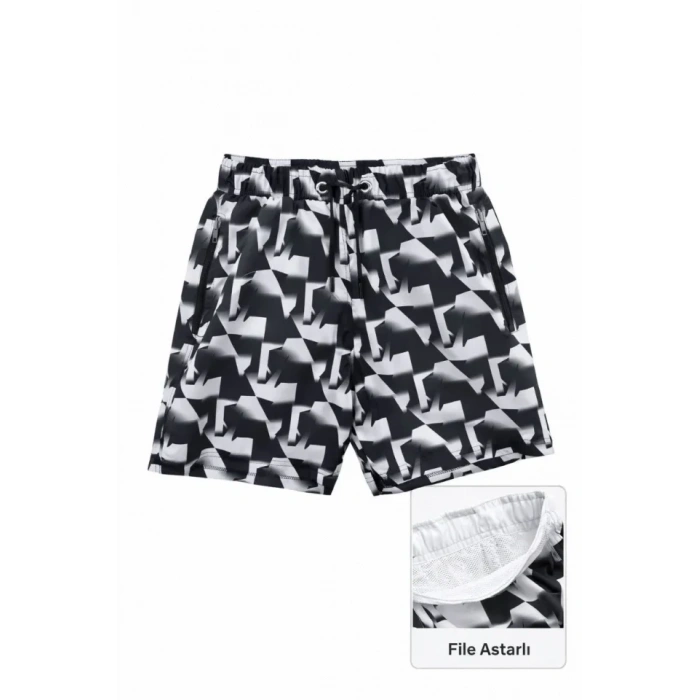 Deniz Şortu Fermuarlı Cepli File Astarlı Hızlı Kuruyan Premium - Siyah