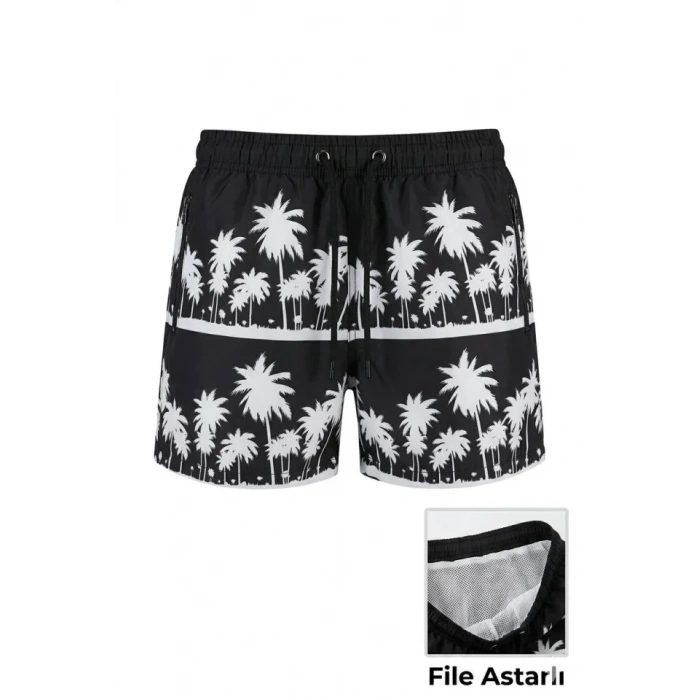 Deniz Şortu Fermuarlı Cepli File Astarlı Hızlı Kuruyan Premium - Siyah