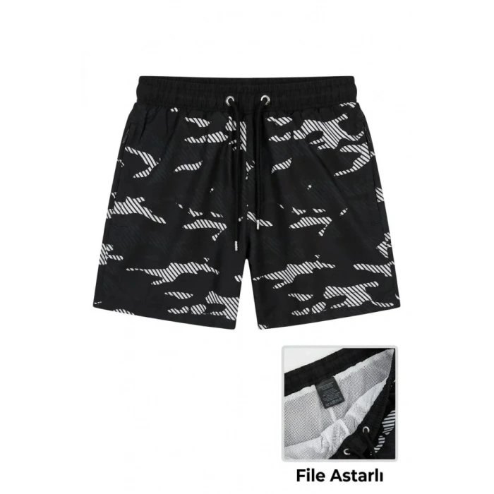 Deniz Şortu Fermuarlı Cepli File Astarlı Hızlı Kuruyan Premium - Siyah