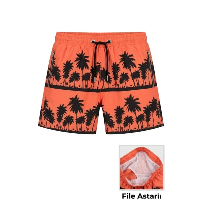 Deniz Şortu Fermuarlı Cepli File Astarlı Hızlı Kuruyan Premium - Turuncu
