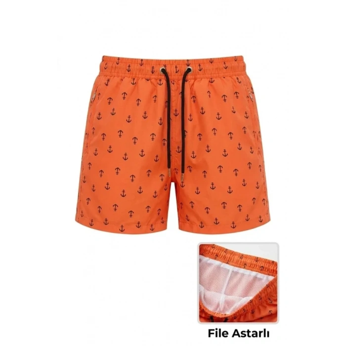 Deniz Şortu Fermuarlı Cepli File Astarlı Hızlı Kuruyan Premium - Turuncu