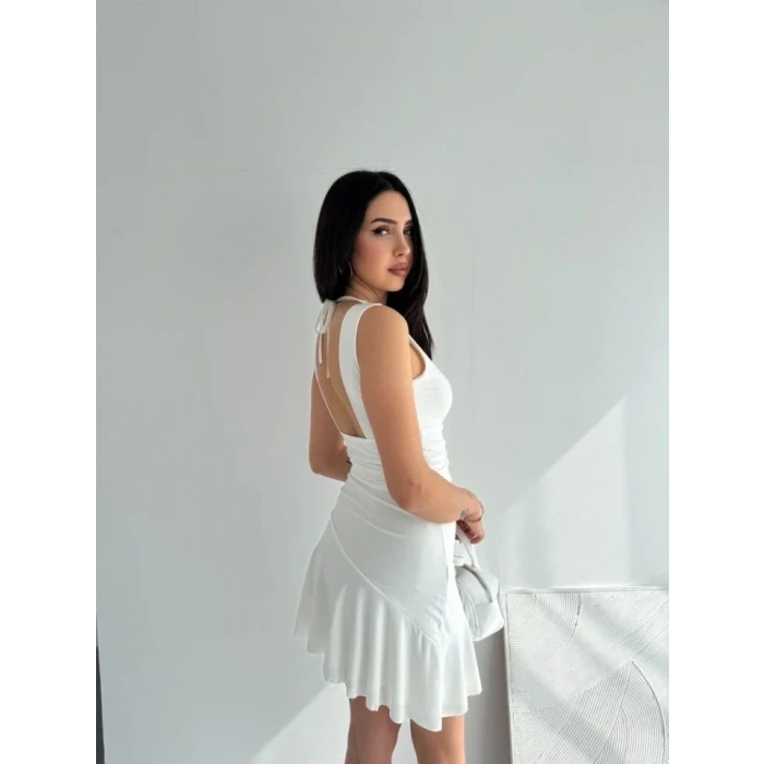 Derin V Yaka Sırt Dekolteli Mini Elbise Drapeli Şık Kolsuz - Beyaz