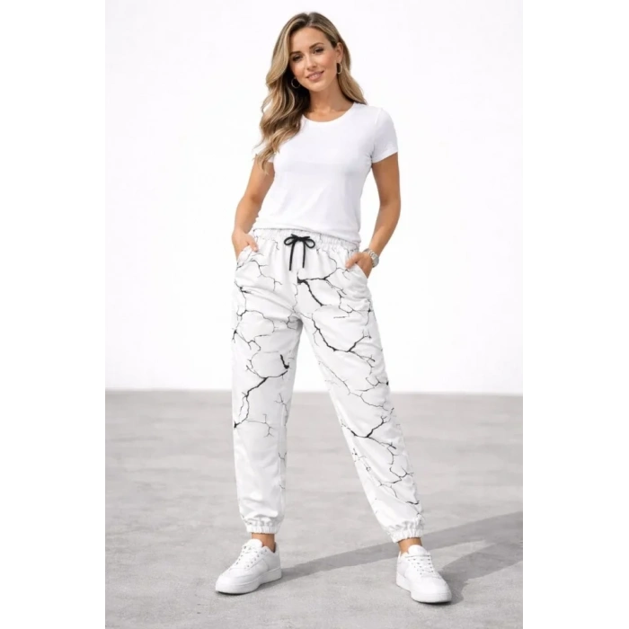 Dijital Baskılı Eşofman Altı Kışlık Üç İplik Şardonlu Kumaş Lastikli Paça, Cepli, Rahat Kalıp - Beyaz