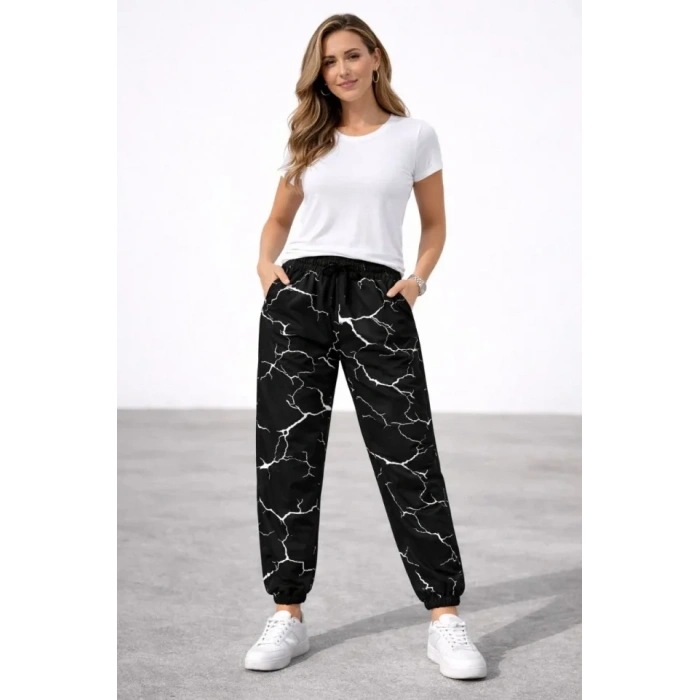 Dijital Baskılı Eşofman Altı Kışlık Üç İplik Şardonlu Kumaş Lastikli Paça, Cepli, Rahat Kalıp - Siyah