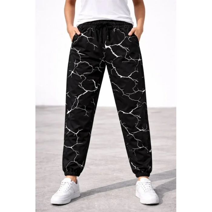 Dijital Baskılı Eşofman Altı Kışlık Üç İplik Şardonlu Kumaş Lastikli Paça, Cepli, Rahat Kalıp - Siyah