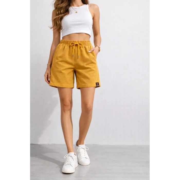 Dokuma Otoban Şort Beli Lastikli Bağcıklı, Cepli, Rahat Kesim Günlük Yazlık Şort - Hardal