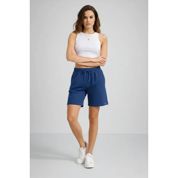 Dokuma Otoban Şort Beli Lastikli Bağcıklı, Cepli, Rahat Kesim Günlük Yazlık Şort - İndigo