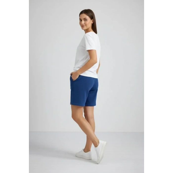 Dokuma Otoban Şort Beli Lastikli Bağcıklı, Cepli, Rahat Kesim Günlük Yazlık Şort - İndigo