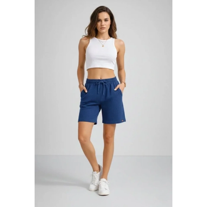 Dokuma Otoban Şort Beli Lastikli Bağcıklı, Cepli, Rahat Kesim Günlük Yazlık Şort - İndigo