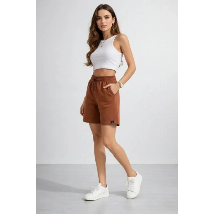 Dokuma Otoban Şort Beli Lastikli Bağcıklı, Cepli, Rahat Kesim Günlük Yazlık Şort - Kahverengi