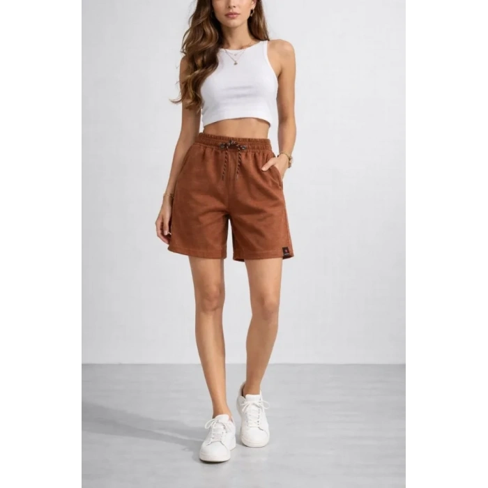 Dokuma Otoban Şort Beli Lastikli Bağcıklı, Cepli, Rahat Kesim Günlük Yazlık Şort - Kahverengi