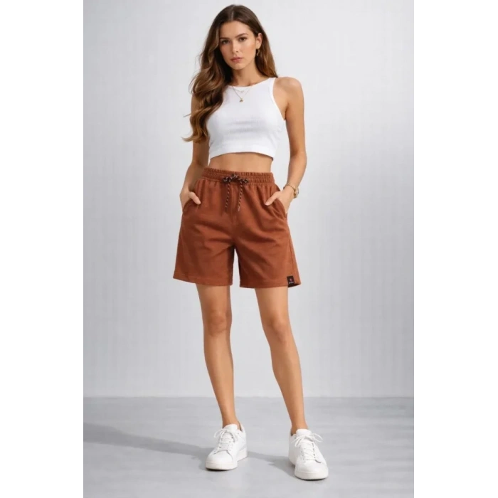 Dokuma Otoban Şort Beli Lastikli Bağcıklı, Cepli, Rahat Kesim Günlük Yazlık Şort - Kahverengi