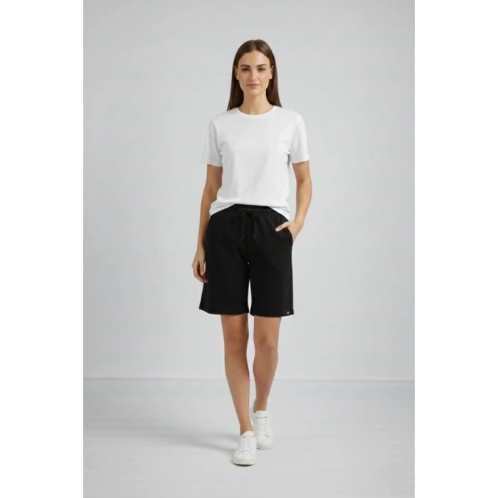 Dokuma Otoban Şort Beli Lastikli Bağcıklı, Cepli, Rahat Kesim Günlük Yazlık Şort - Siyah