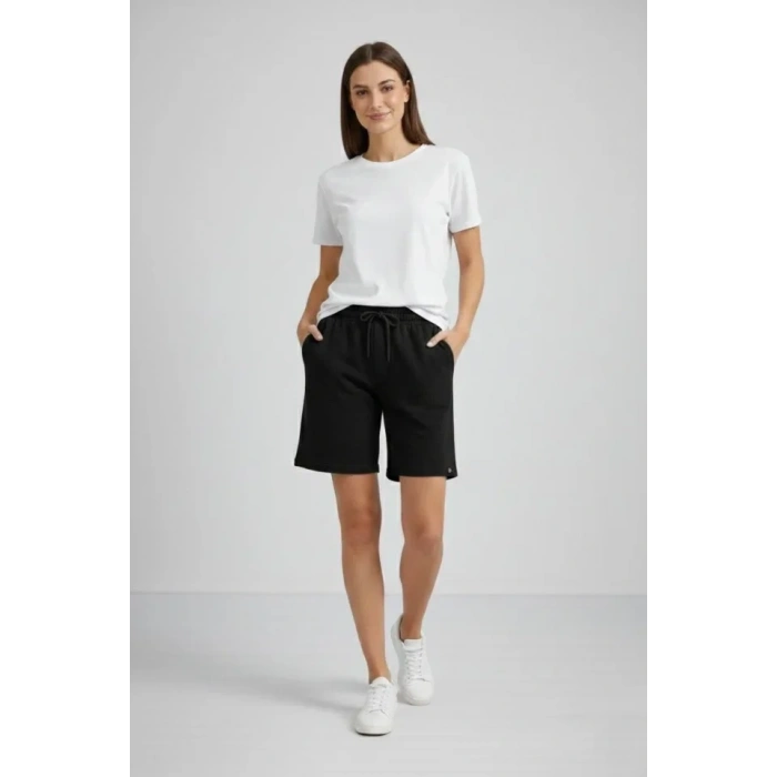 Dokuma Otoban Şort Beli Lastikli Bağcıklı, Cepli, Rahat Kesim Günlük Yazlık Şort - Siyah