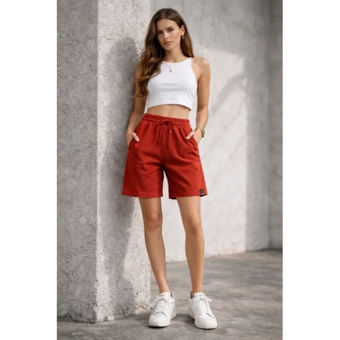 Dokuma Otoban Şort Beli Lastikli Bağcıklı, Cepli, Rahat Kesim Günlük Yazlık Şort - Turuncu