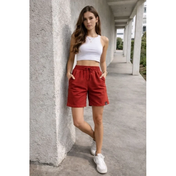 Dokuma Otoban Şort Beli Lastikli Bağcıklı, Cepli, Rahat Kesim Günlük Yazlık Şort - Turuncu