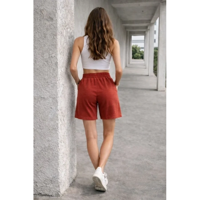 Dokuma Otoban Şort Beli Lastikli Bağcıklı, Cepli, Rahat Kesim Günlük Yazlık Şort - Turuncu