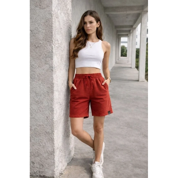 Dokuma Otoban Şort Beli Lastikli Bağcıklı, Cepli, Rahat Kesim Günlük Yazlık Şort - Turuncu