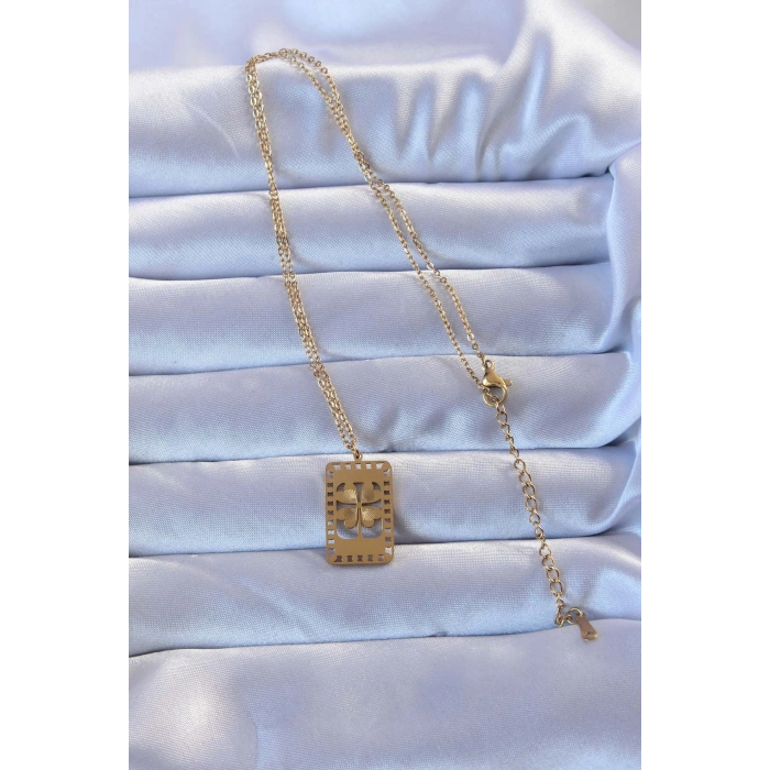 Erb 316L Altın Renk İşlemeli Yonca Model Vintage Kolye