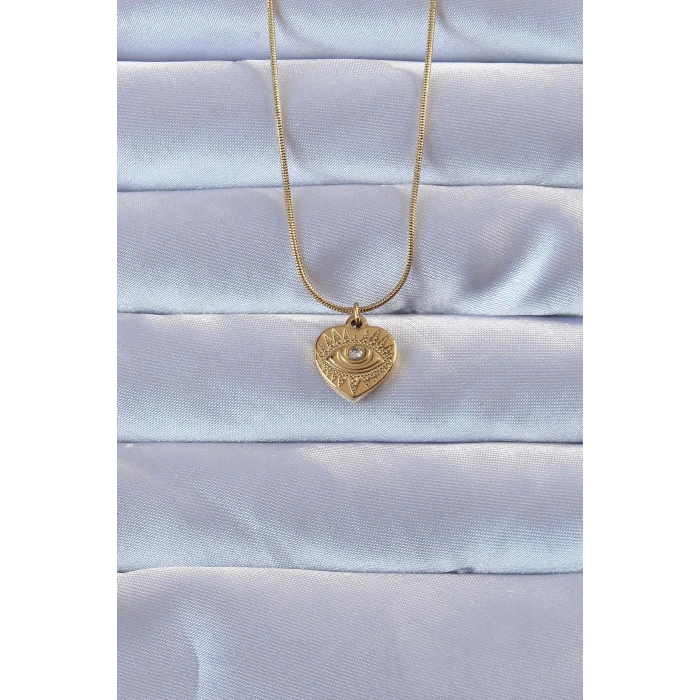 Erb 316L Altın Renk Zirkon Taşlı İşlemeli Göz Detay Kalp Kolye