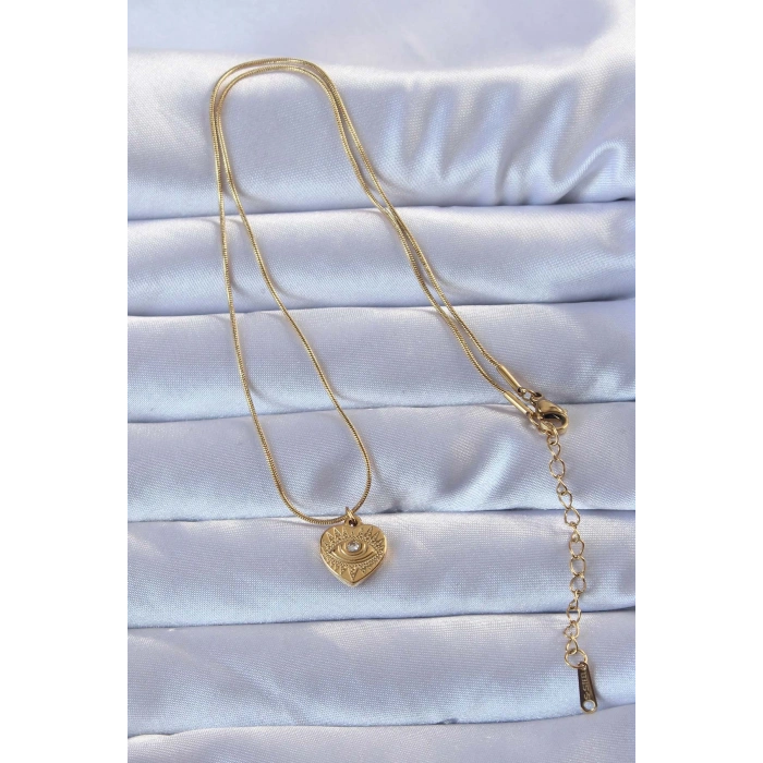 Erb 316L Altın Renk Zirkon Taşlı İşlemeli Göz Detay Kalp Kolye