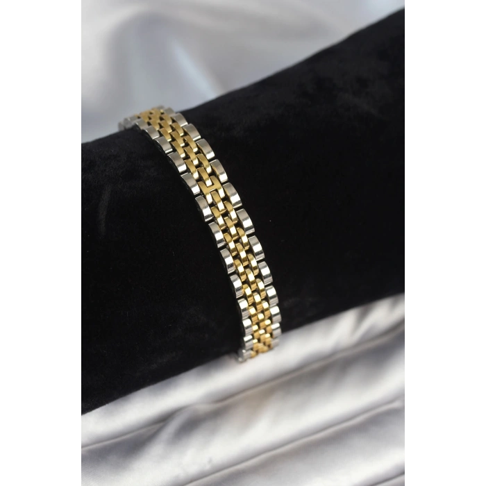 Erb 316L Çelik 9 Mm Kalınlıkta Gold Ve Gümüş Renkli Erkek Bileklik