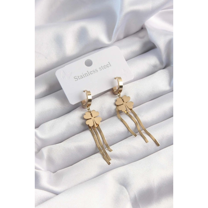 Erb 316L Çelik Altın Renk İtalyan Zincirli Yonca Model Halka Küpe