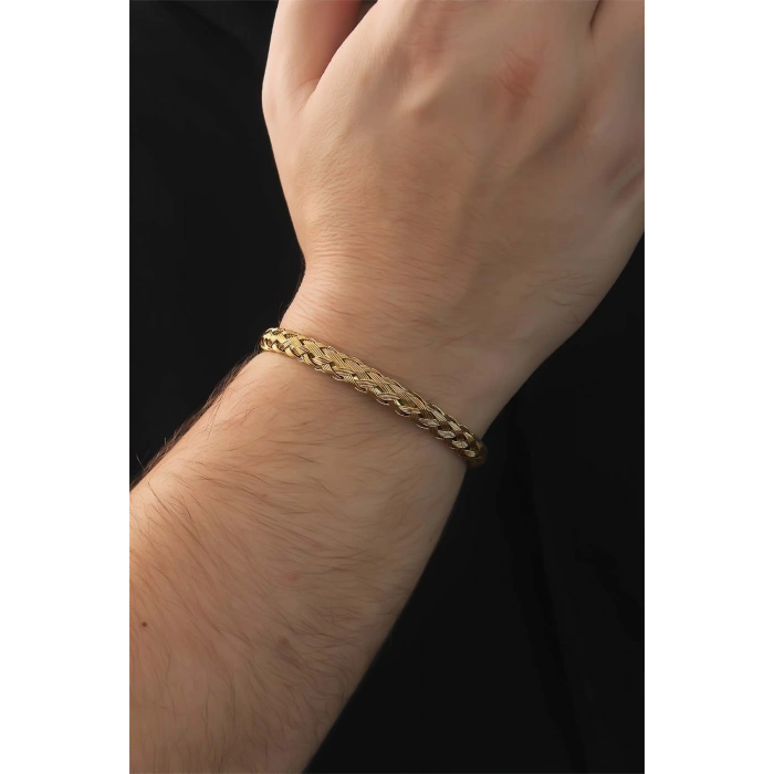 Erb 316L Çelik Altın Renk Kalın Yassı Örgü Model Erkek Bileklik