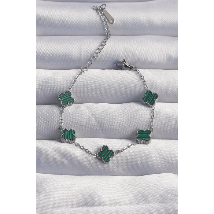 Erb 316L Çelik Baby Boy Gümüş Renk Çizgili Yeşil Mineli Yonca Bileklik