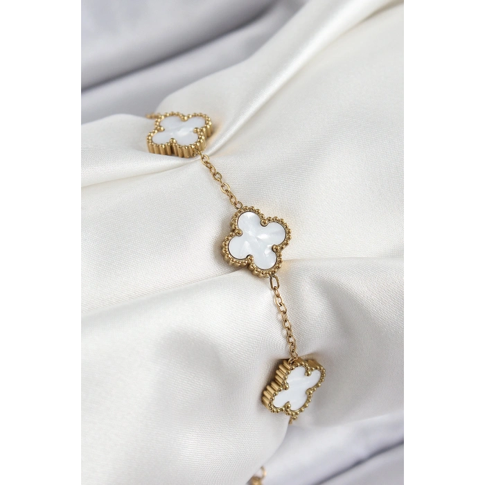 Erb 316L Çelik Beyaz Sedef Yonca Model Gold Renk Kadın Bileklik