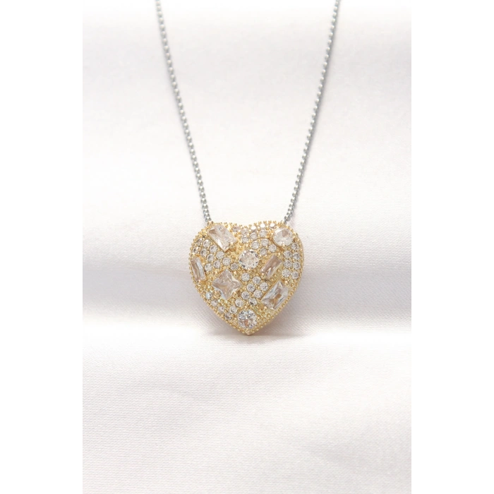 Erb 316L Çelik Çift Renk Zirkon Taşlı Kalp Kolye