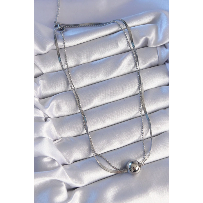 Erb 316L Çelik Çift Zincirli Gümüş Renk Topçuk İtalyan Model Kolye