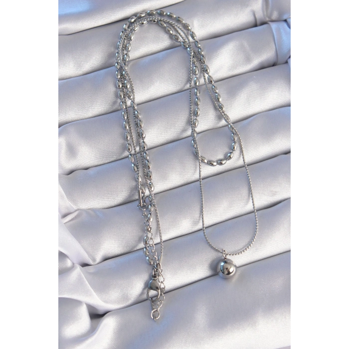 Erb 316L Çelik Çift Zincirli Gümüş Renk Topçuk Model Kolye