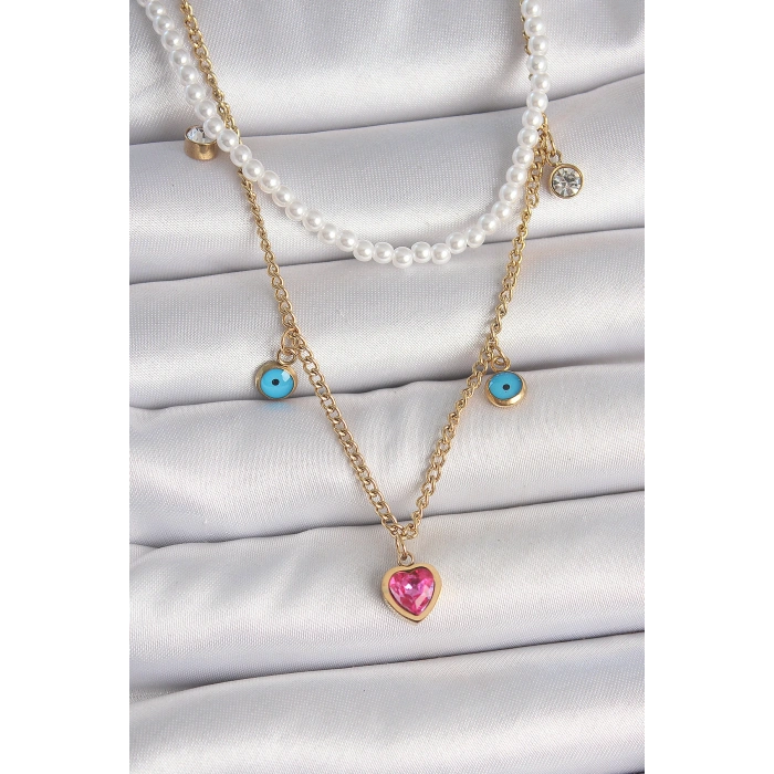 Erb 316L Çelik Gold Renk 2'Li İnci Zincir Model Pembe Taşlı Kalp Figür Nazar Boncuk Detay Kadın Kolye