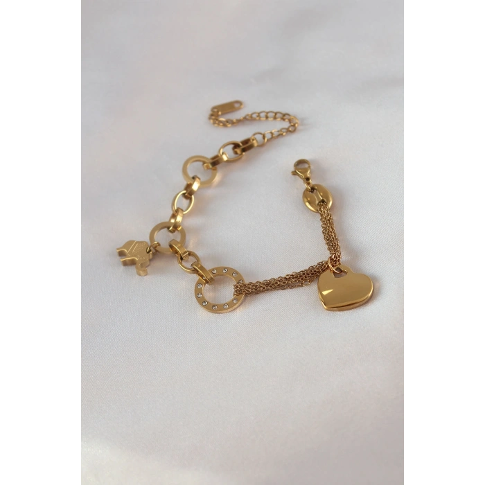 Erb 316L Çelik Gold Renk 2'li Zincir Model Zirkon Taş Detay Kadın Bileklik