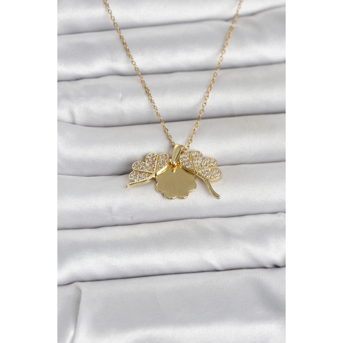 Erb 316L Çelik Gold Renk Açılabilir Yonca Model Zirkon Taşlı Kadın Kolye