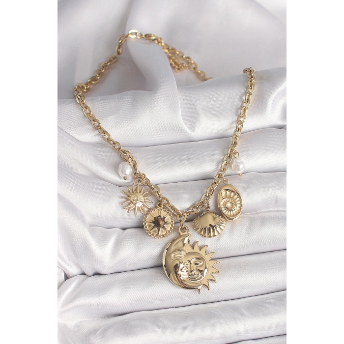 Erb 316L Çelik Gold Renk Ay Güneş Figür Deniz Kabuğu Detay Kadın Kolye
