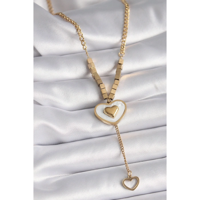 Erb 316L Çelik Gold Renk Beyaz Sedefli Kalp Model Sallantı Detay Kadın Kolye